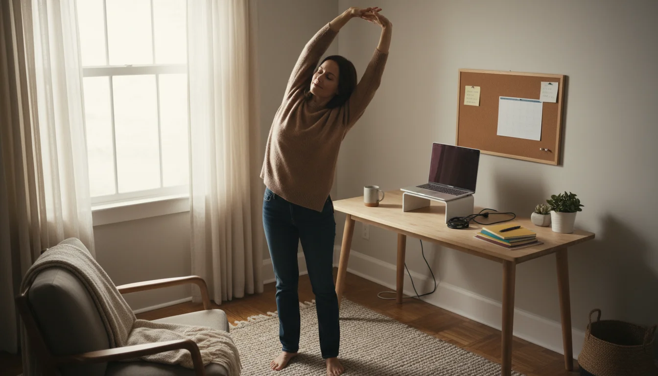A person stands beside a home office desk, stretching their arms overhead and shoulders in a brief work break.