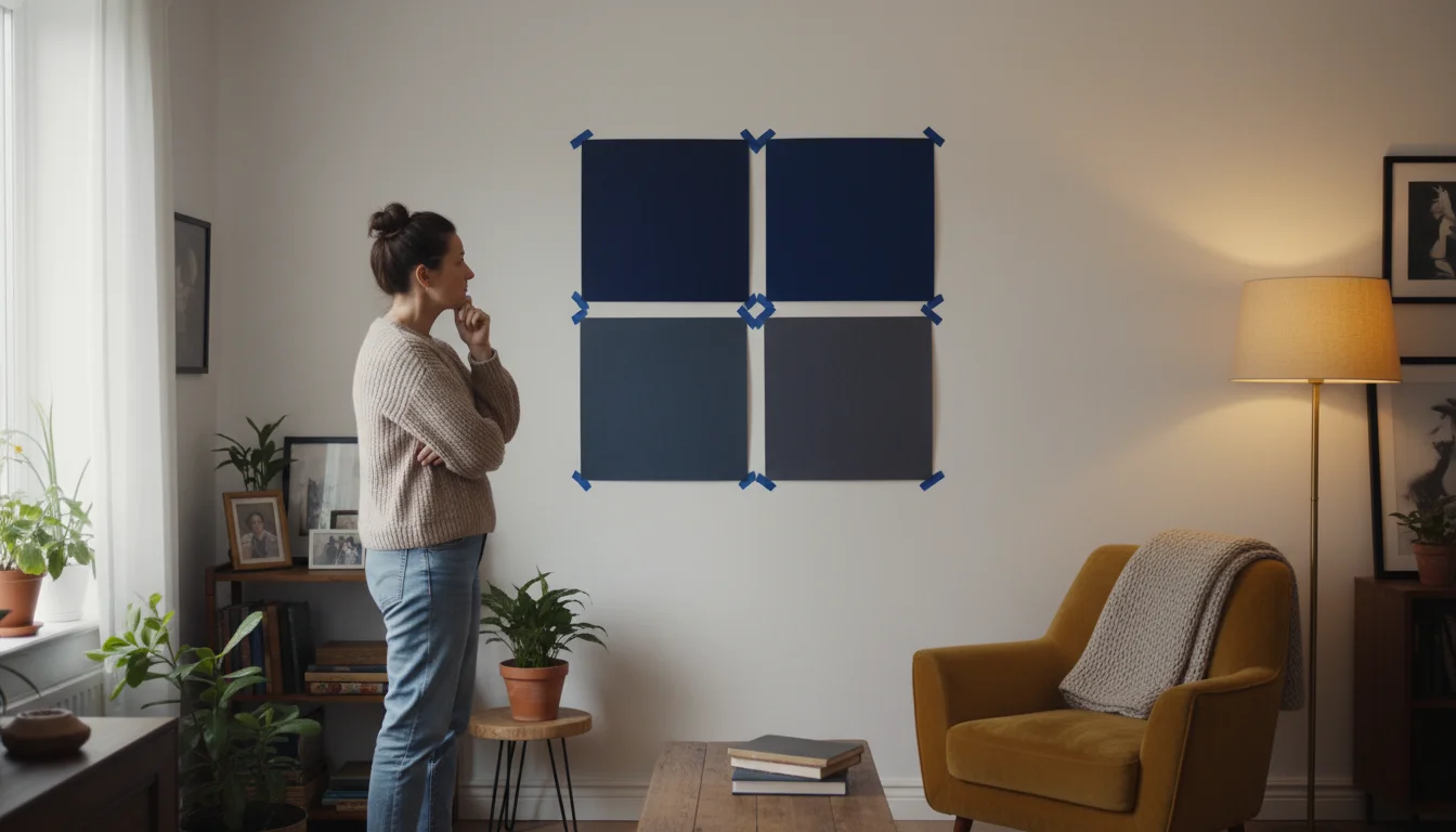 A person stands in a cozy living room, thoughtfully observing several large paint samples on a wall, illuminated by natural and artificial light.