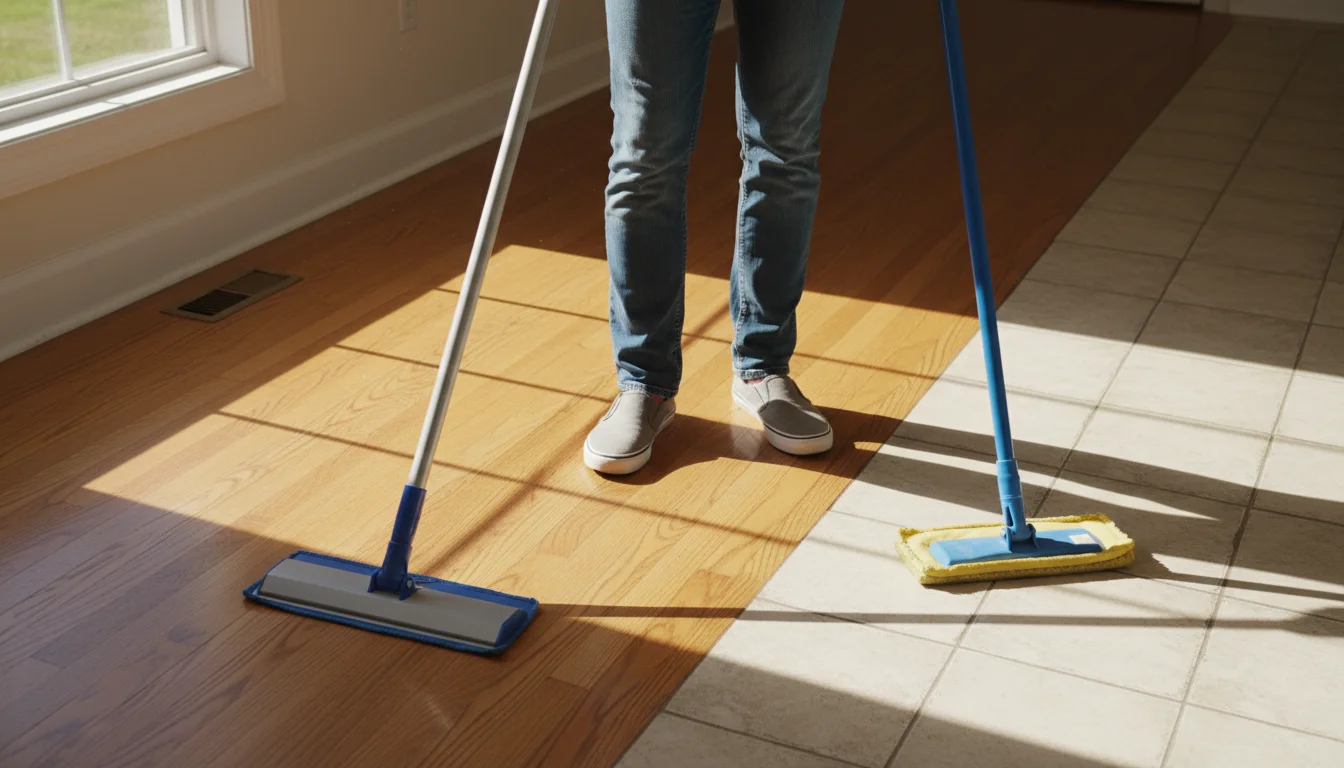 A person stands at a floor transition, holding a microfiber mop over gleaming hardwood and a sponge mop near textured kitchen tile.