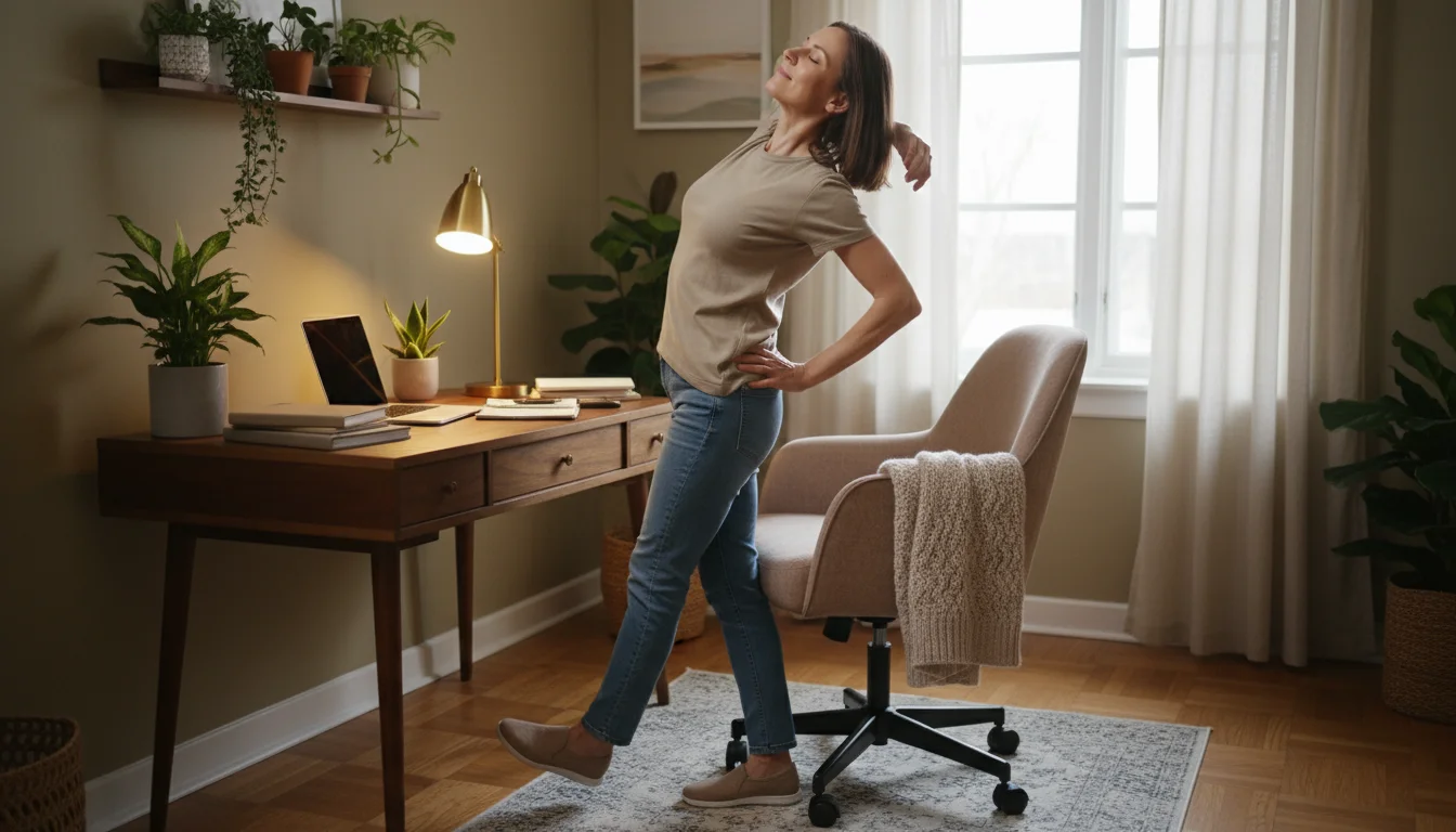 Person stands up from a home office desk, subtly stretching back and turning towards a sunlit window, taking a break.