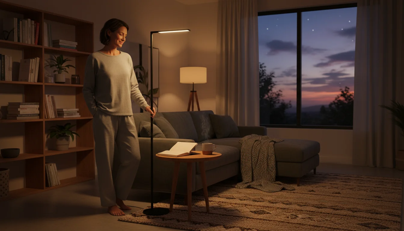 A person stands next to a floor lamp emitting a warm, soft glow in a cozy living room, next to an open package of warm white LED bulbs.