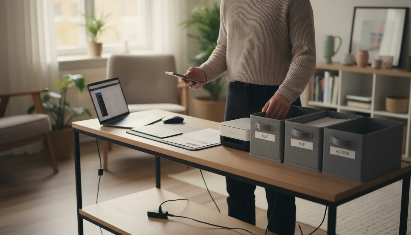 A person stands at a small console table, scanning a document with a smartphone and sorting papers into labeled file boxes.
