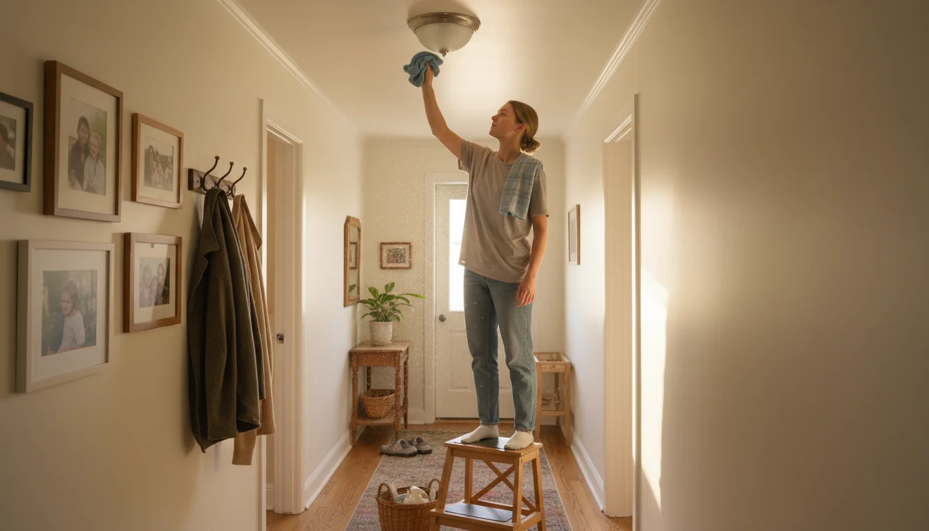 Person on a step stool gently cleaning dust from a round, unlit ceiling light fixture in a bright hallway with a soft cloth.