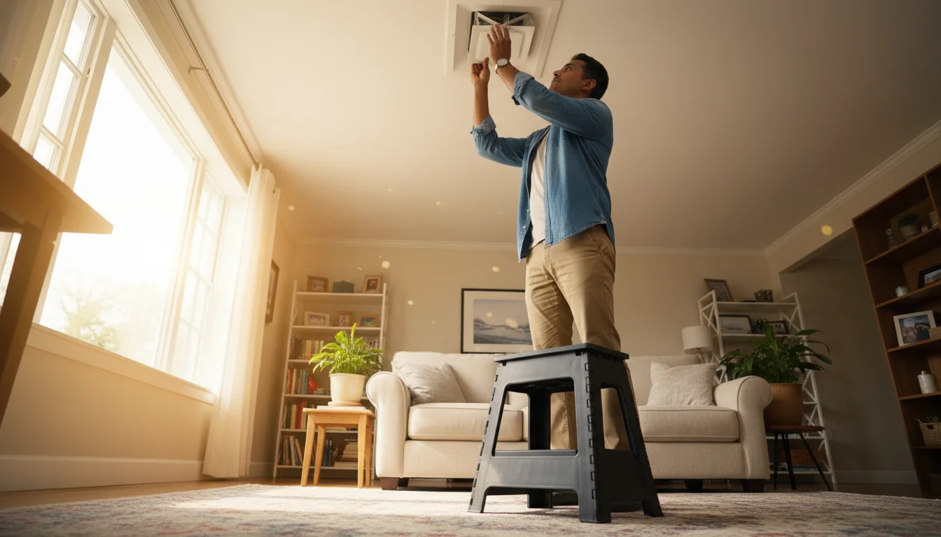 Person on a step stool reaching a ceiling HVAC vent to change an air filter in a sunlit living room.