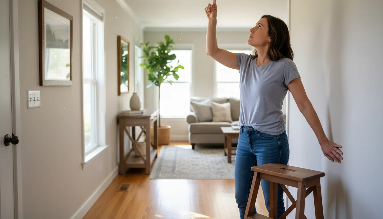A person on a step stool reaching to press the test button on a ceiling smoke detector in a cozy, well-lit home.