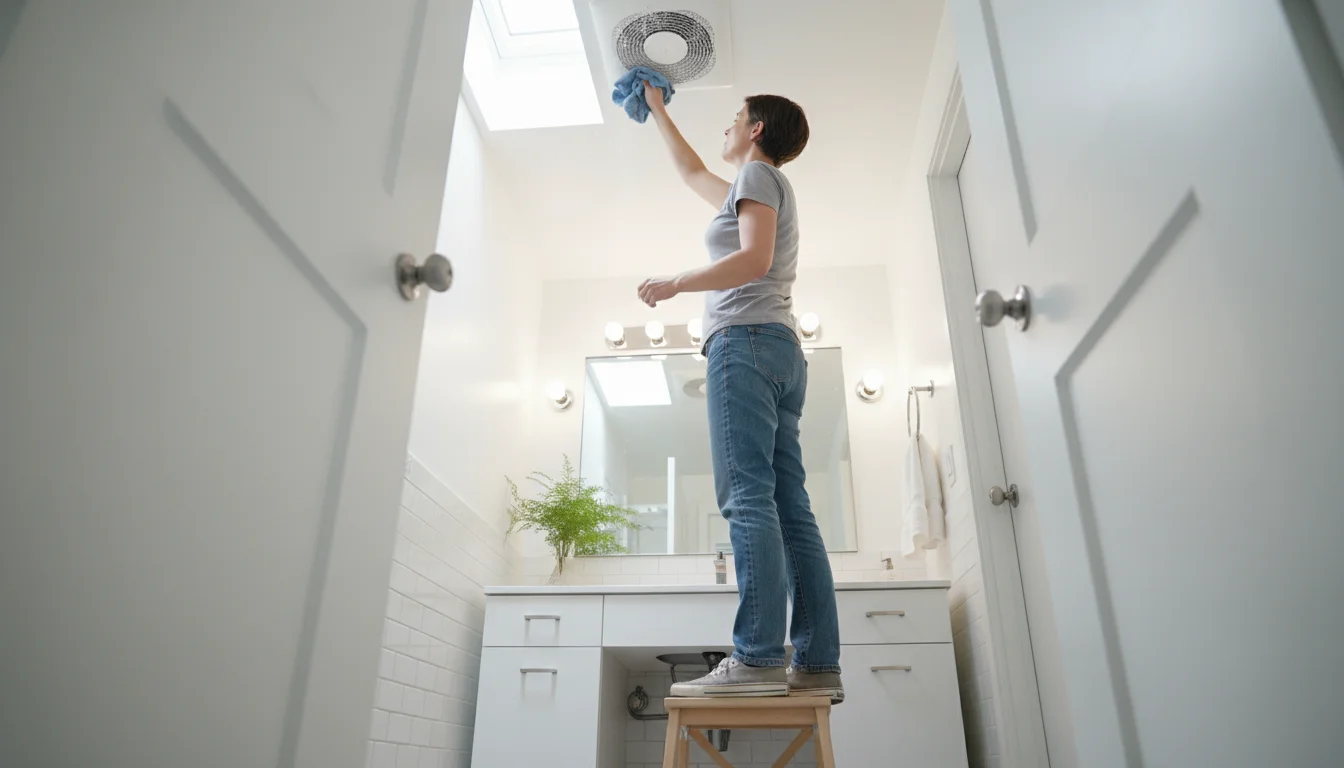 Person on a step stool reaching up to wipe dust from the inside of a bathroom ceiling ventilation fan with a cloth.