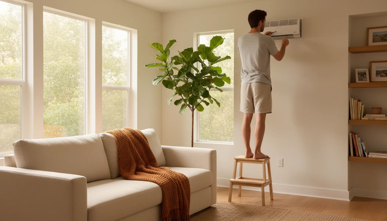 Person on a step stool removing an air conditioning vent cover from a high wall in a sunlit living room.