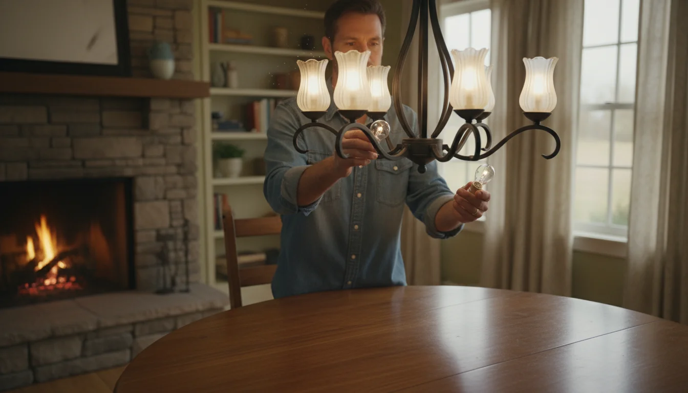 Person on a step stool unscrewing a dim bulb from a multi-arm chandelier, holding new LED bulbs, with a recycling bin visible.