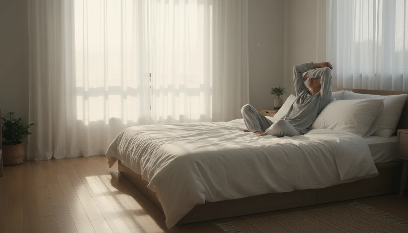 Person stretching contentedly in a light-filled bedroom, a healthy plant on a dresser, suggesting peaceful rest.