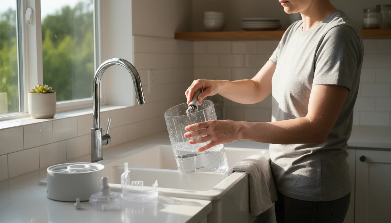 Person at a sunlit kitchen sink, carefully scrubbing the water reservoir of a disassembled humidifier with a small brush.