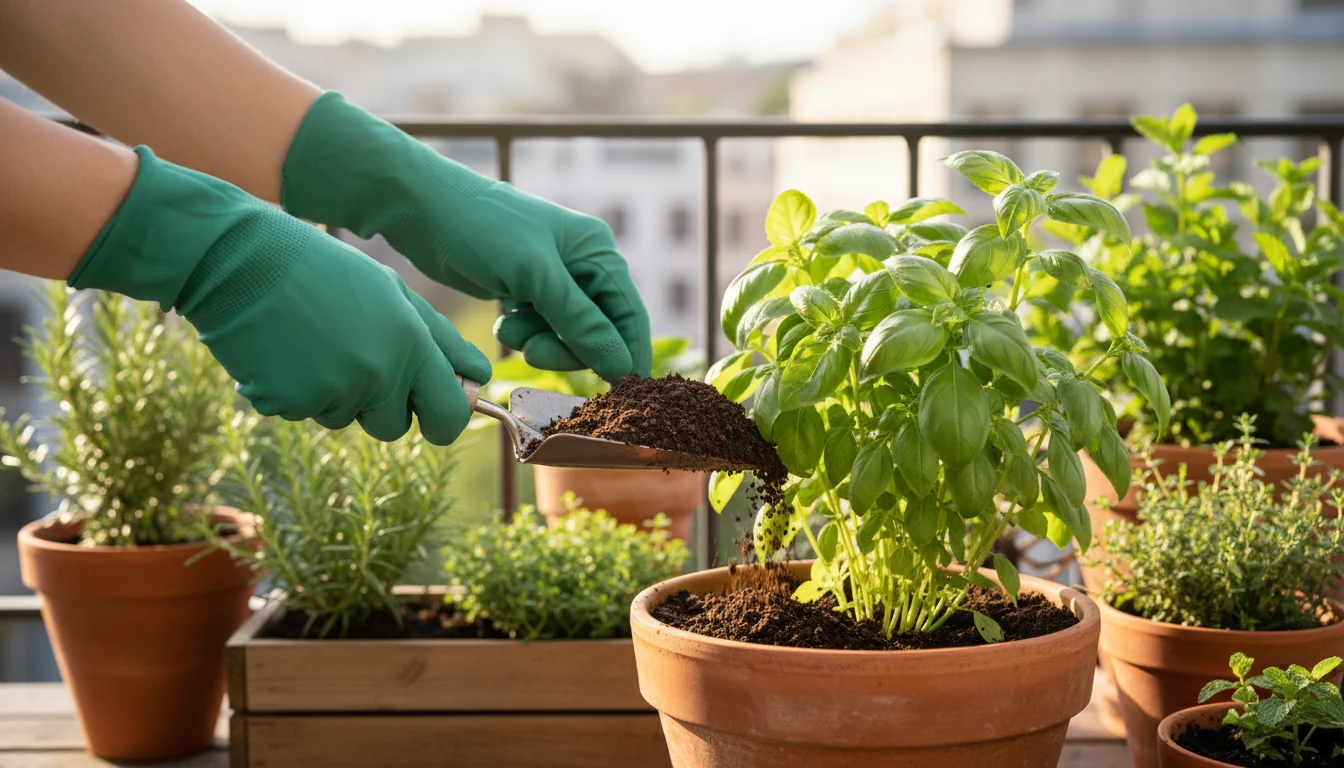 A person on a sunny balcony top-dresses a potted herb with dark compost from a trowel, surrounded by other green container plants.