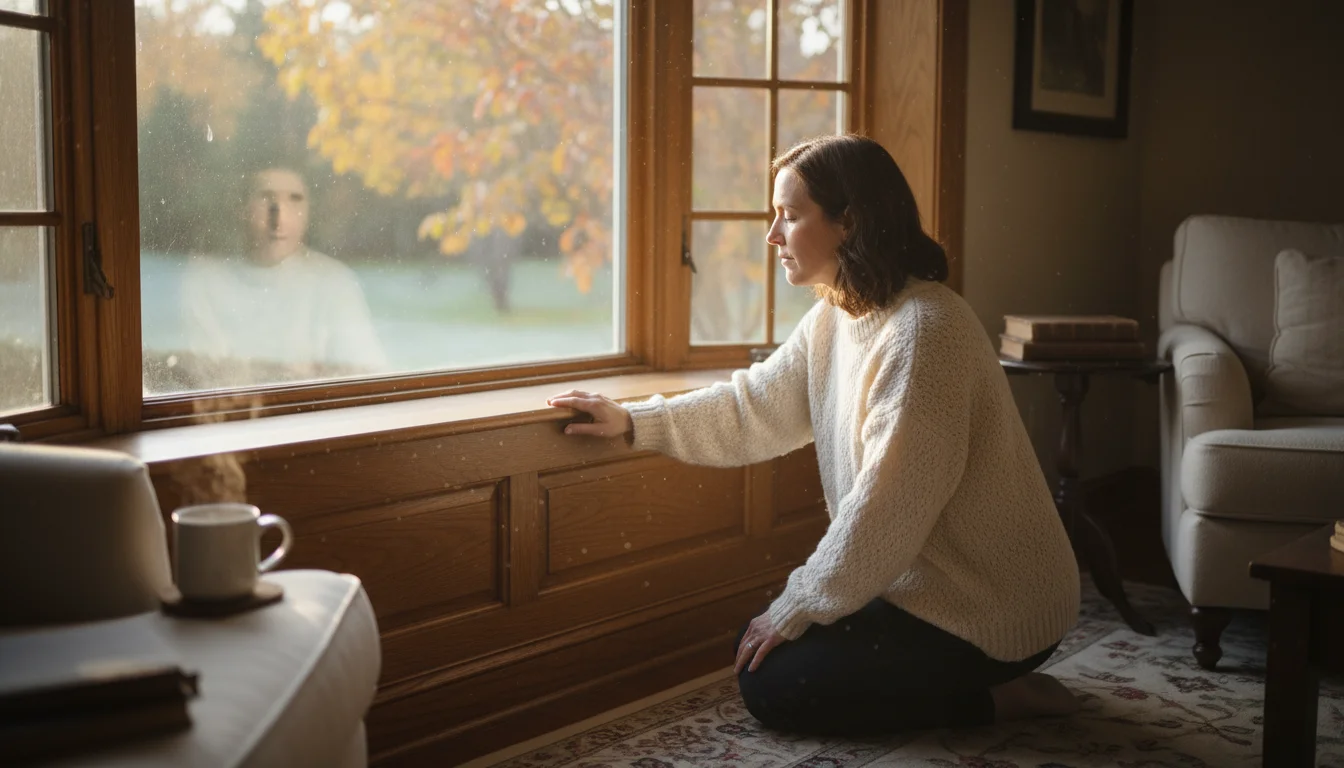 A person in a sweater checks a sunlit window frame for drafts in a cozy living room with a clean rug and guest towels.