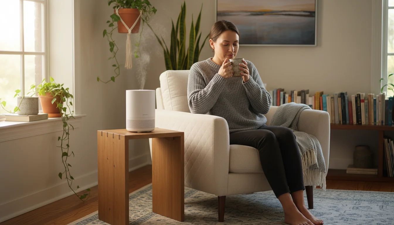 A person in a sweater sips from a mug, casually observing a digital hygrometer displaying 42% next to a humidifier in a cozy room.