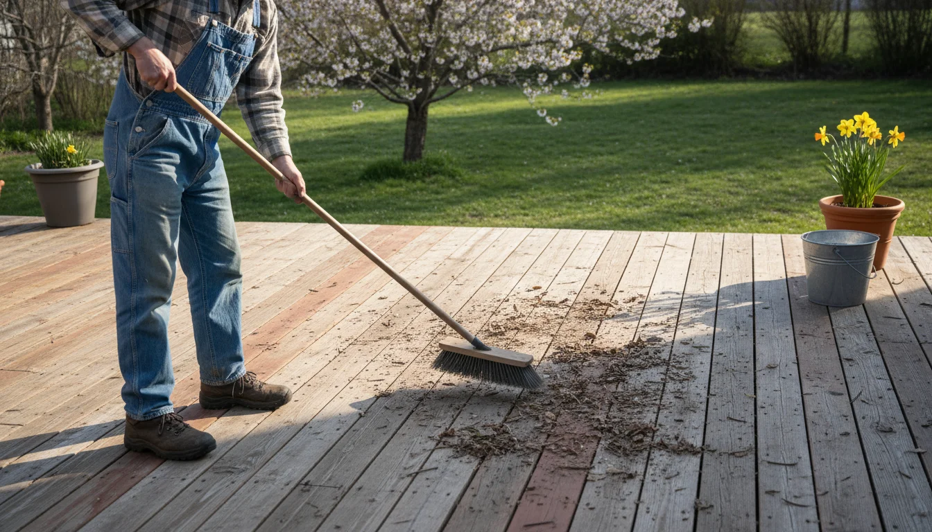 A person sweeping winter debris from a wooden deck with a long-handled brush. Part of the deck is clean, part still has light grime.