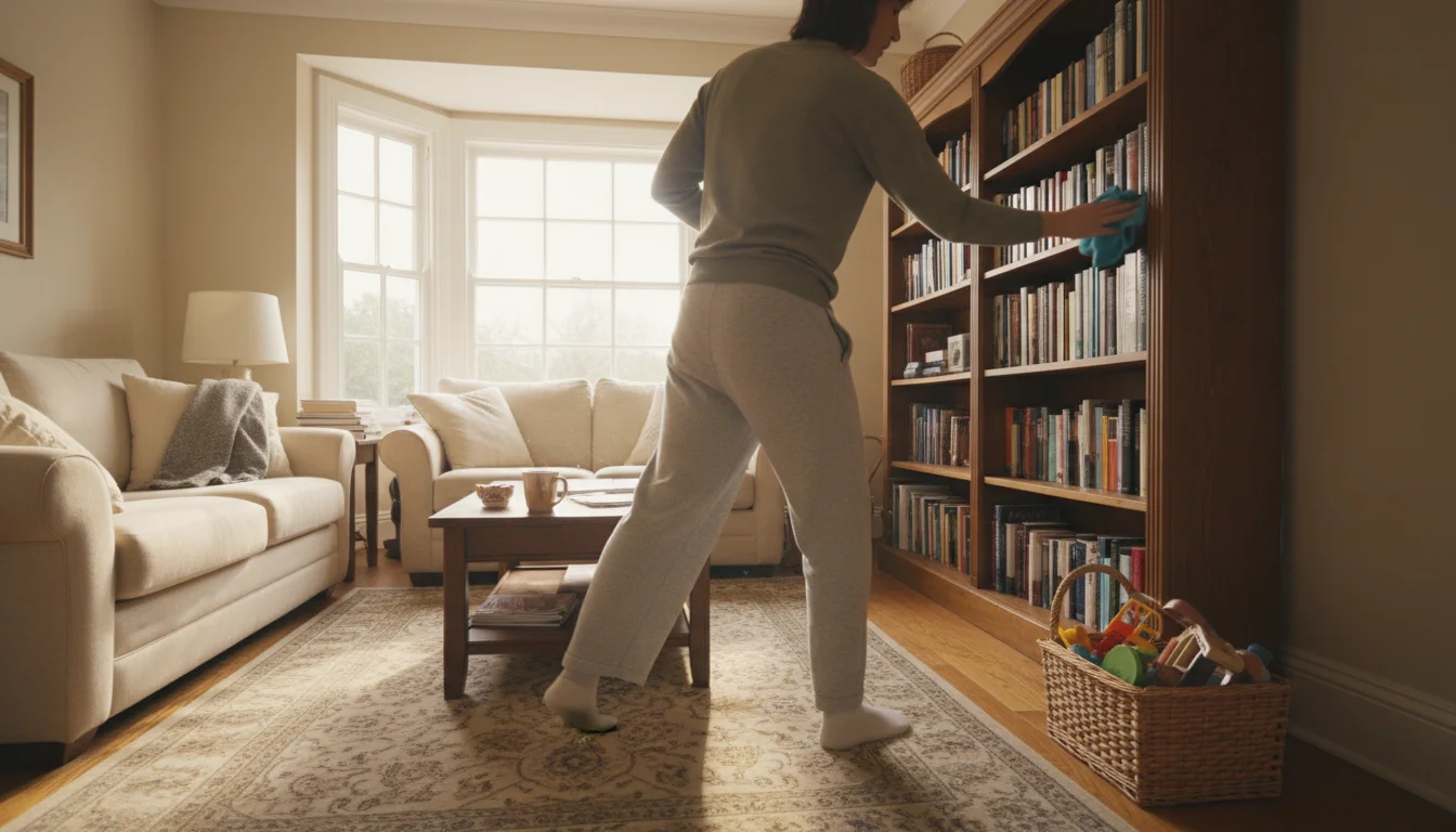 Person swiftly wipes a bookshelf and tidies a coffee table in a sunlit living room, demonstrating efficient cleaning flow.