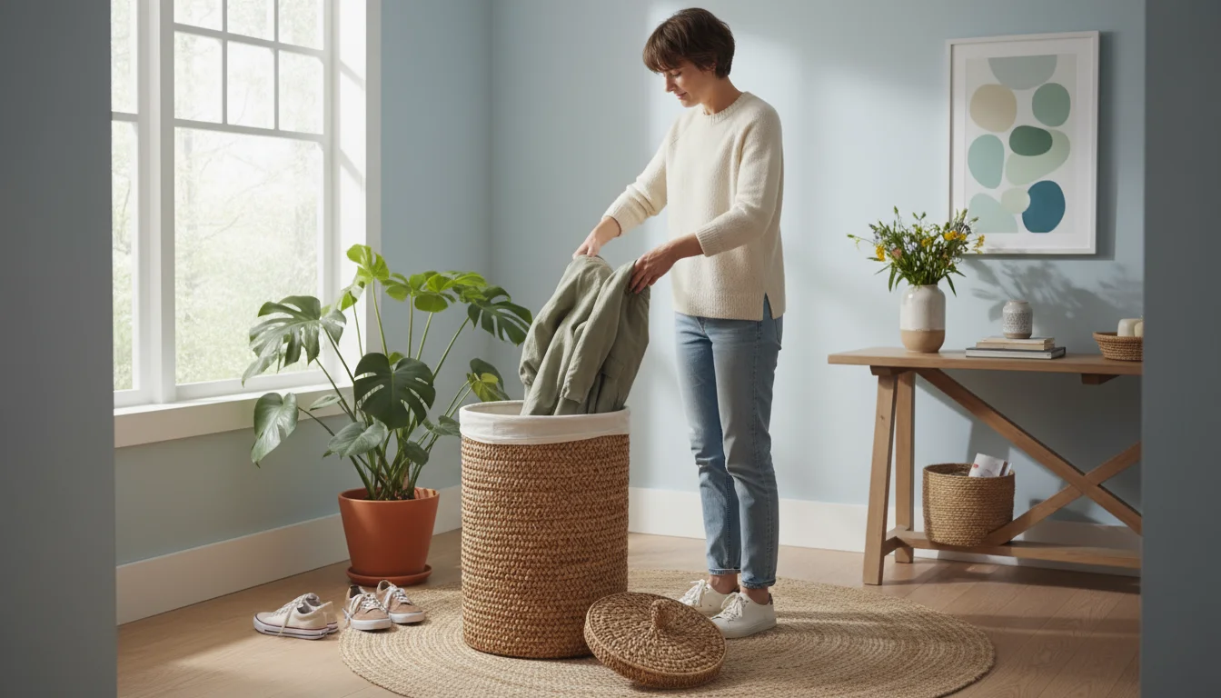 Person taking off a light jacket over a wicker laundry hamper in a bright entryway, shoes off on a mat, closed window showing a sunny day.