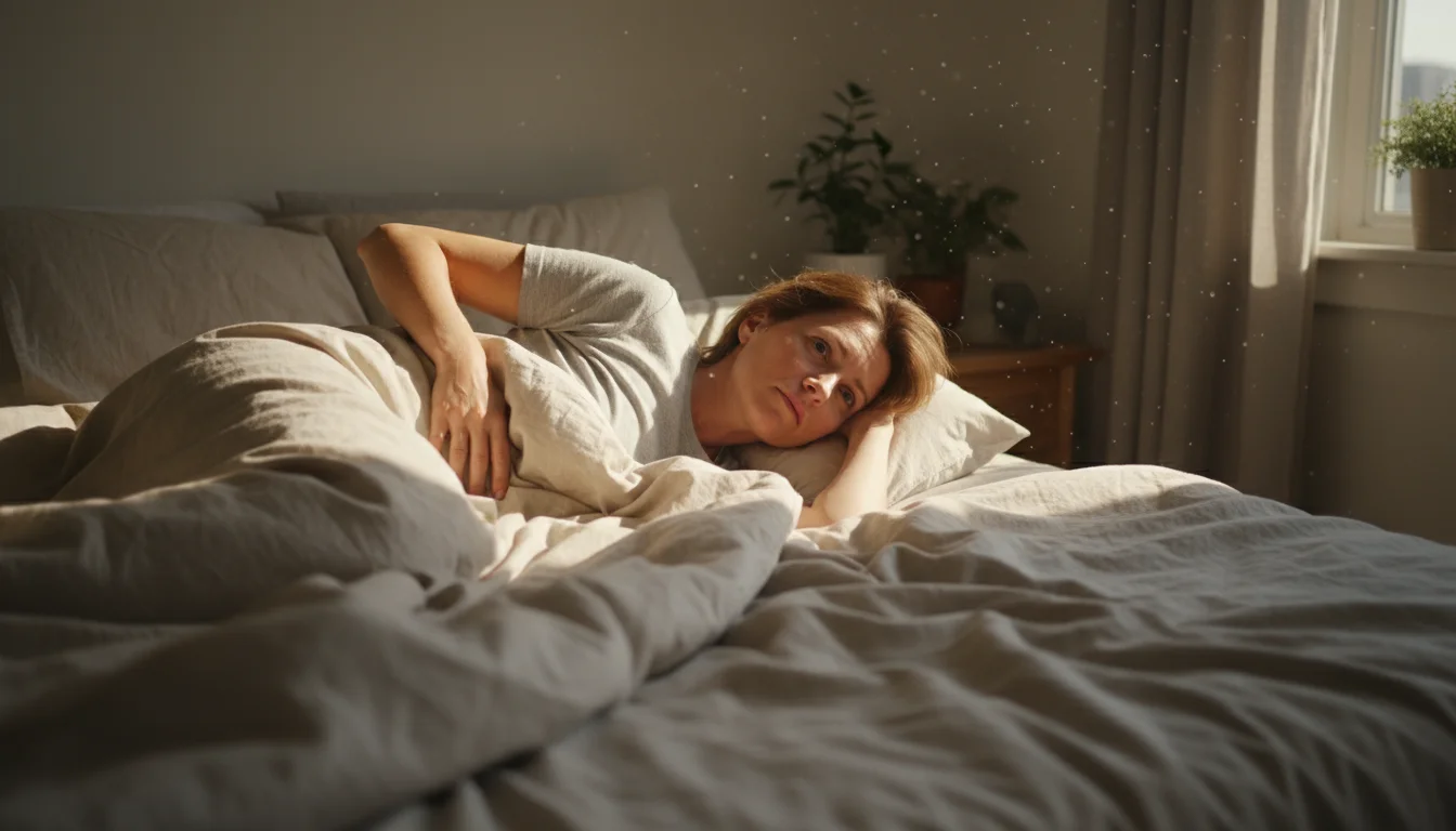 A person in their late 30s lies awake in a rumpled bed, one hand gently resting on their lower back, a subtle expression of discomfort.