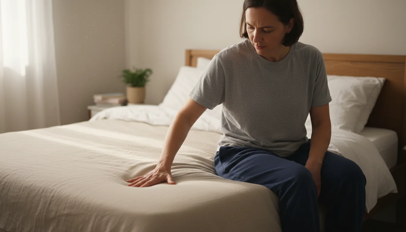 Person in their late 30s sitting on a bed, pressing a hand into the mattress to evaluate its firmness.