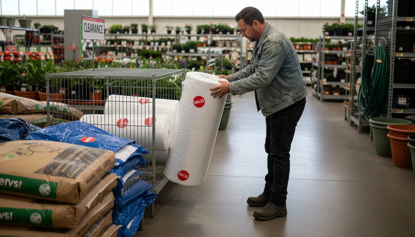 A person thoughtfully examines a roll of sale-priced frost cloth in a quiet garden center aisle, surrounded by other discounted winterization supplies