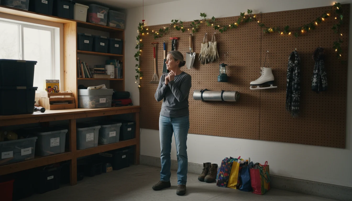 Person in a tidy garage, holding a checklist and looking at seasonal tools like gardening gloves and a snow brush on a pegboard.
