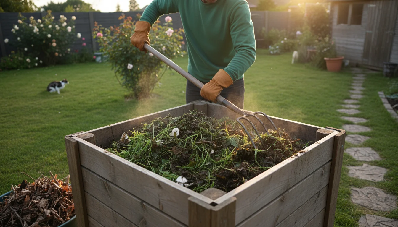 A person turns a damp, compacted compost pile in a wooden bin with a pitchfork, dry shredded leaves nearby.
