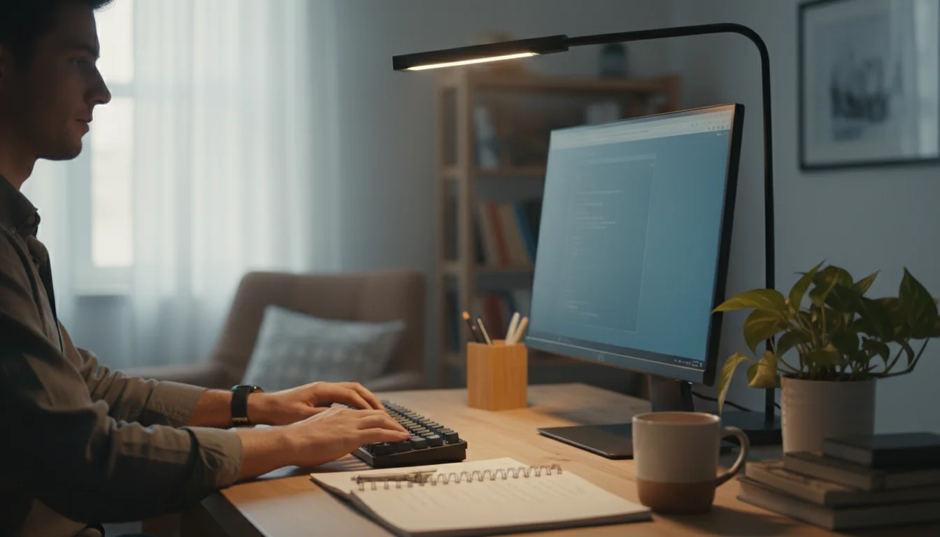 Person typing at a home office desk, lit by indirect natural light from a window and a modern desk lamp, with a perfectly matched screen brightness.