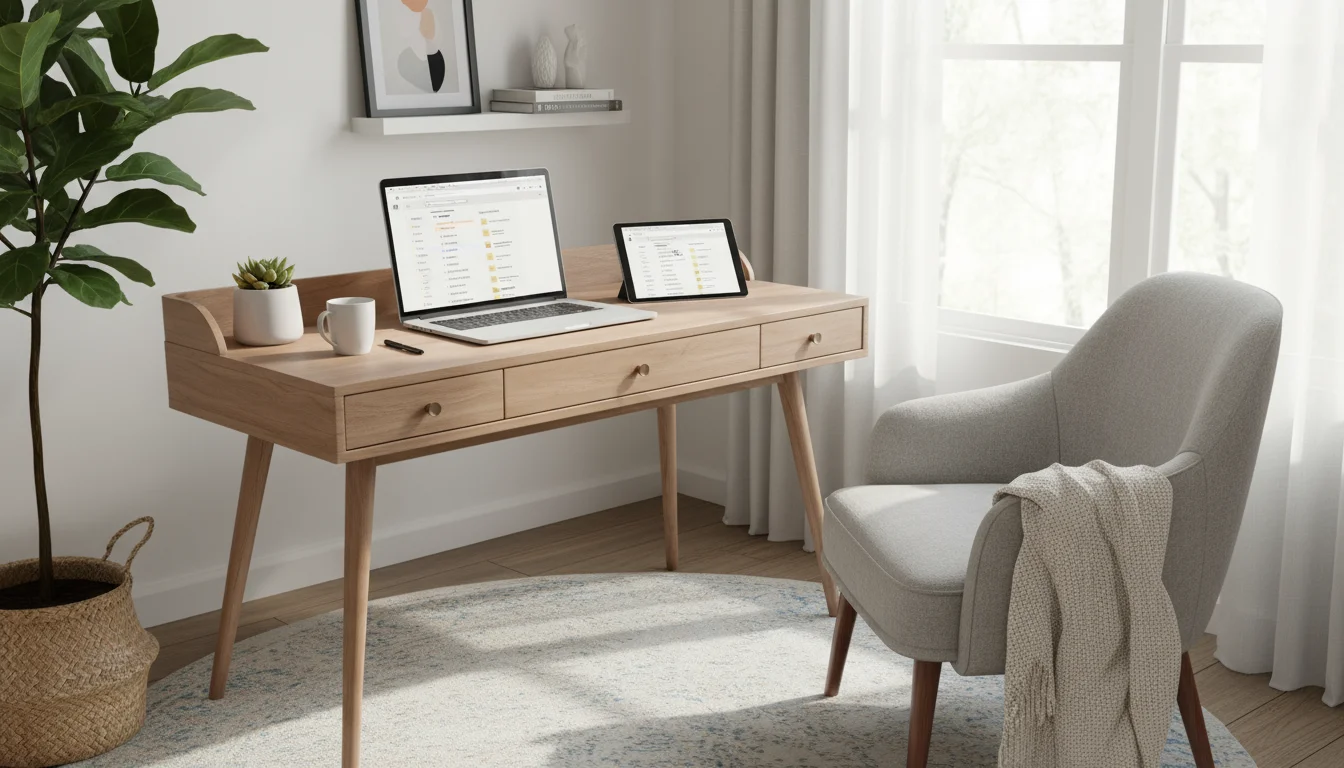 Person typing on a laptop displaying digital files on a clean, light-wood desk. An empty decorative box and a tablet are nearby.