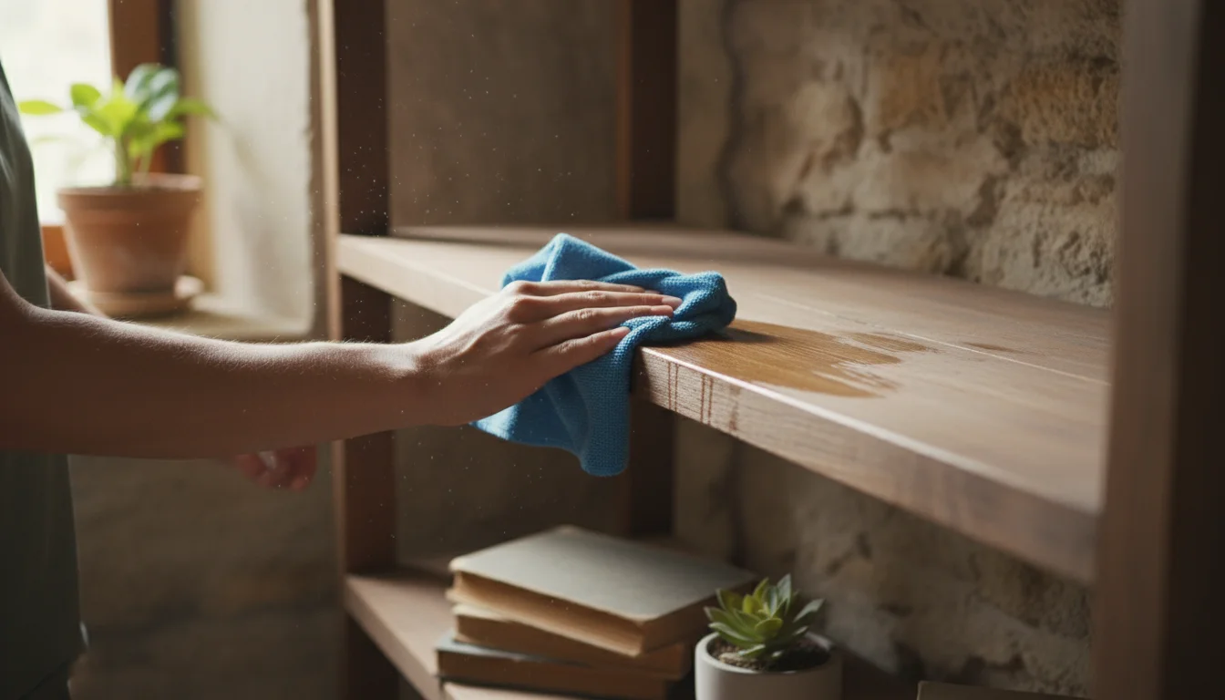 Close-up of a person's ungloved hands wiping an empty wooden bookshelf with a damp blue microfiber cloth in a cozy room.