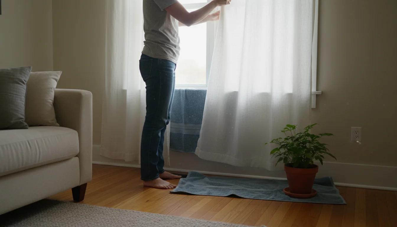 Person unhooking a linen curtain from a window rod, with a worn towel covering the sill and floor beside a houseplant.