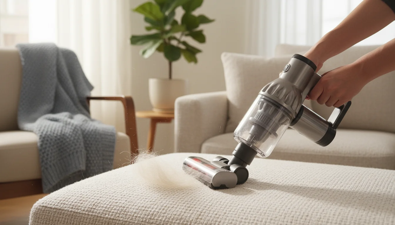 Person uses a compact handheld vacuum to quickly remove light pet hair from a cream sofa cushion in a sunlit living room.