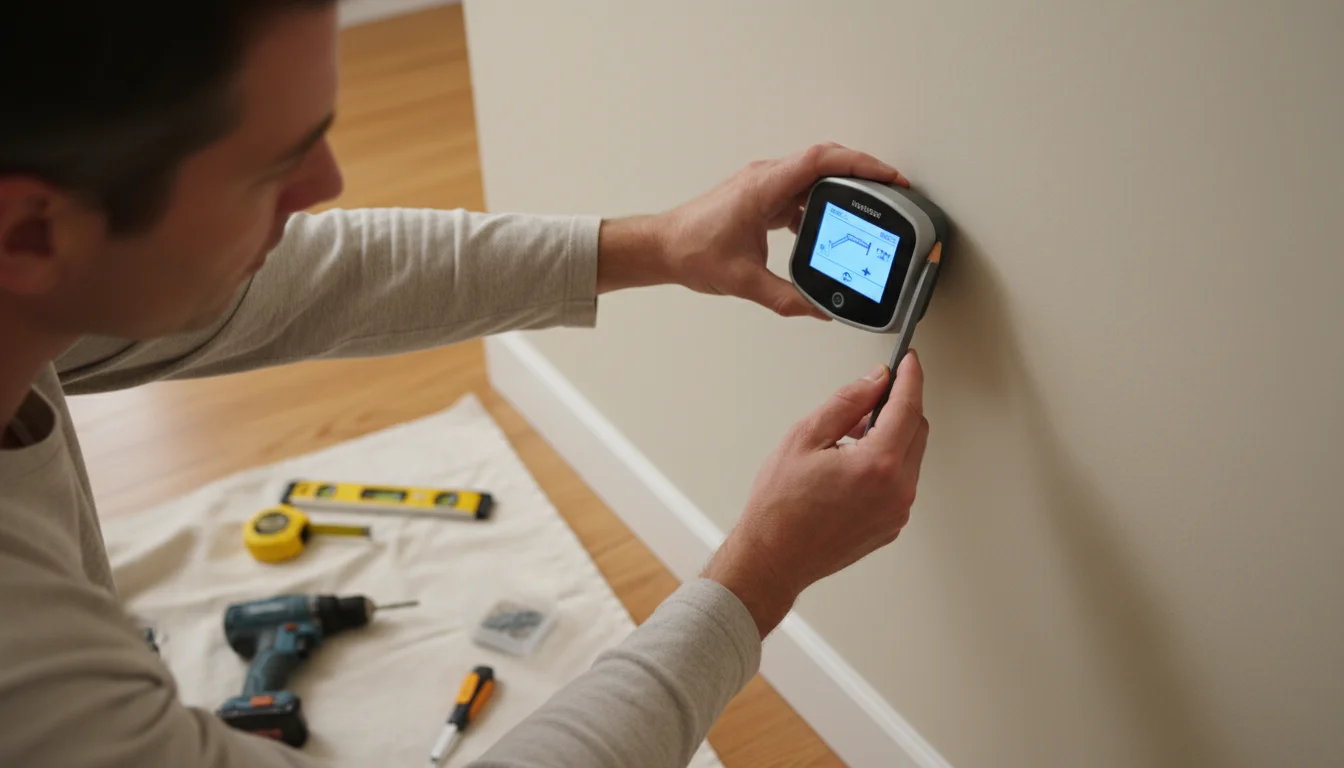 Person uses a digital stud finder on a light wall to mark a secure spot for installing a fold-down desk.