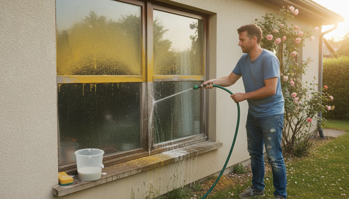 A person uses a garden hose to rinse a pollen-covered exterior house window, showing clear water streaking down dirty glass.