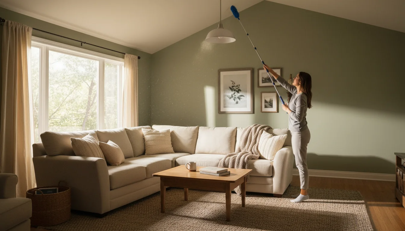 A person uses a long-handled duster to clean a high ceiling light in a cozy, sunlit living room, demonstrating top-to-bottom cleaning.