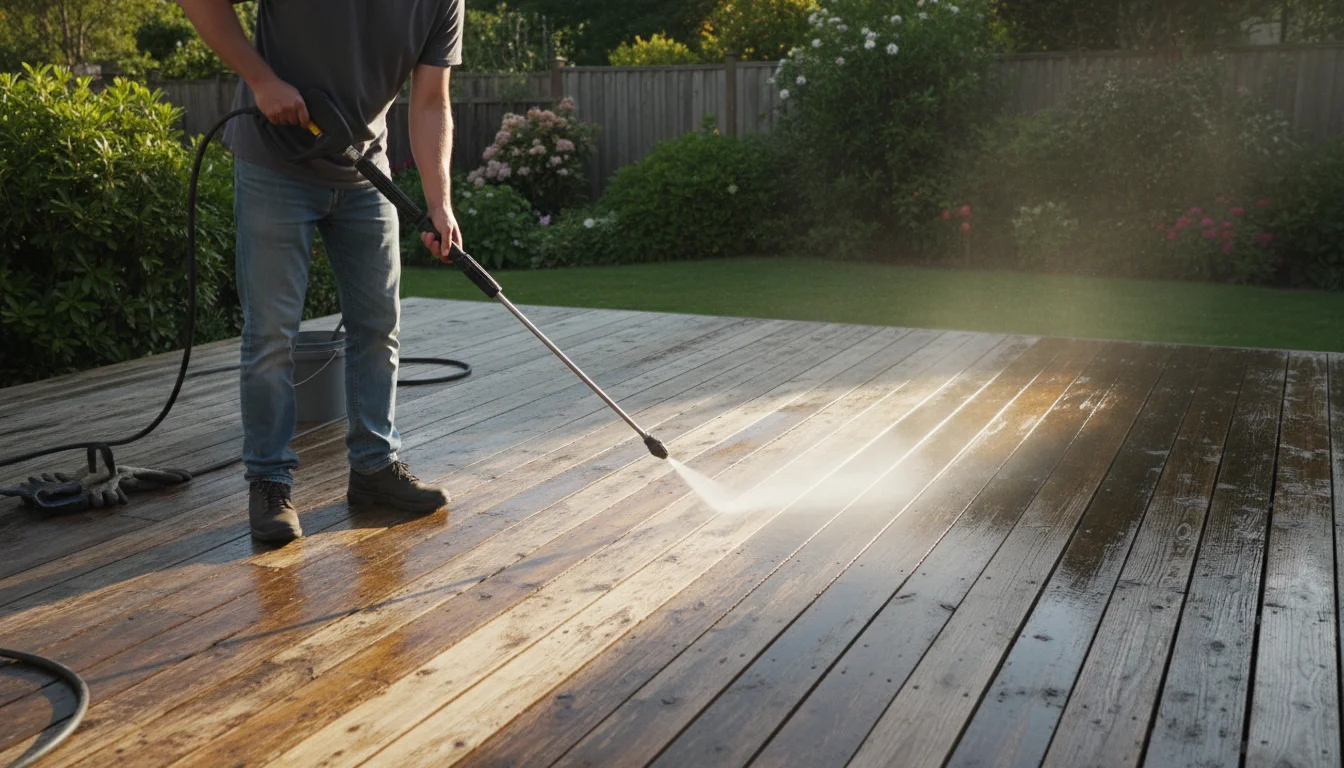 A person uses a low-pressure electric washer to clean a weathered wooden deck, showing a distinct clean line on the surface.