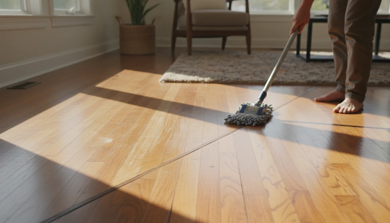 A person uses a microfiber mop on a hardwood floor, revealing a clear, clean section next to a dull, hazy area with residue.
