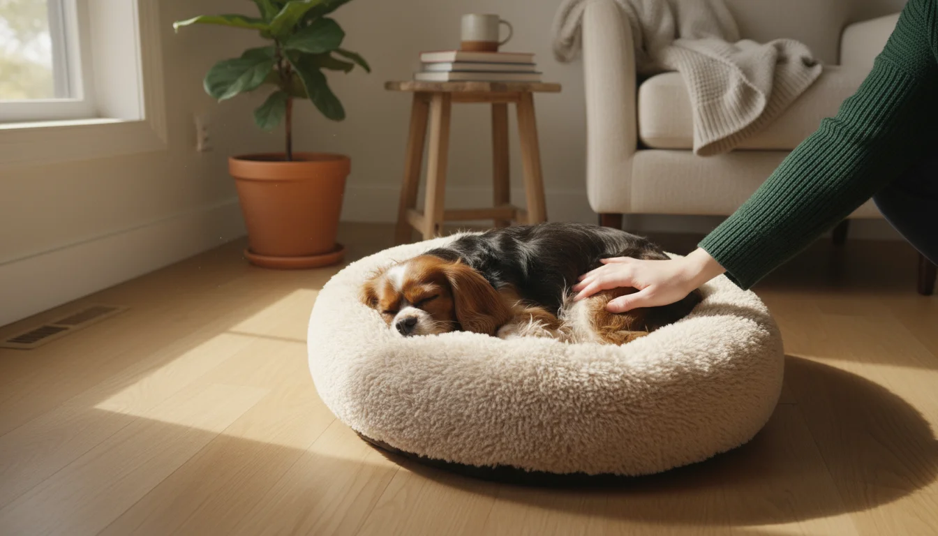 A person uses a mini turbo vacuum attachment to clean pet hair from a cream sofa armrest, with a small dog sleeping nearby.