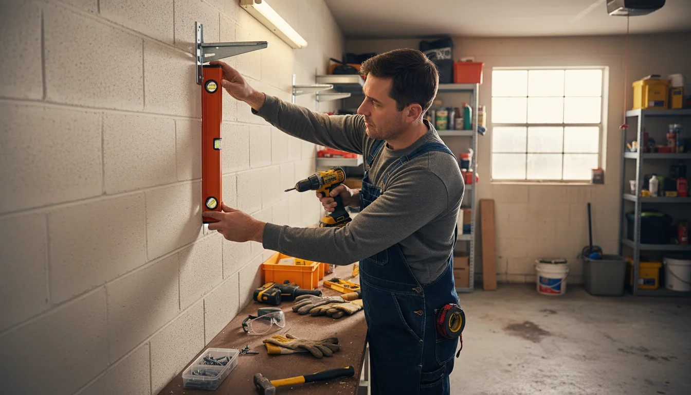 Person carefully uses a spirit level to check alignment of a metal garage shelf bracket against a wall, with tools nearby.