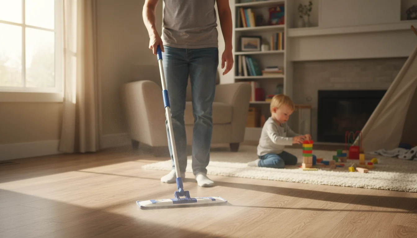 A person uses a spray mop on sunlit laminate flooring in a cozy living room, with a toddler playing blocks in the background.