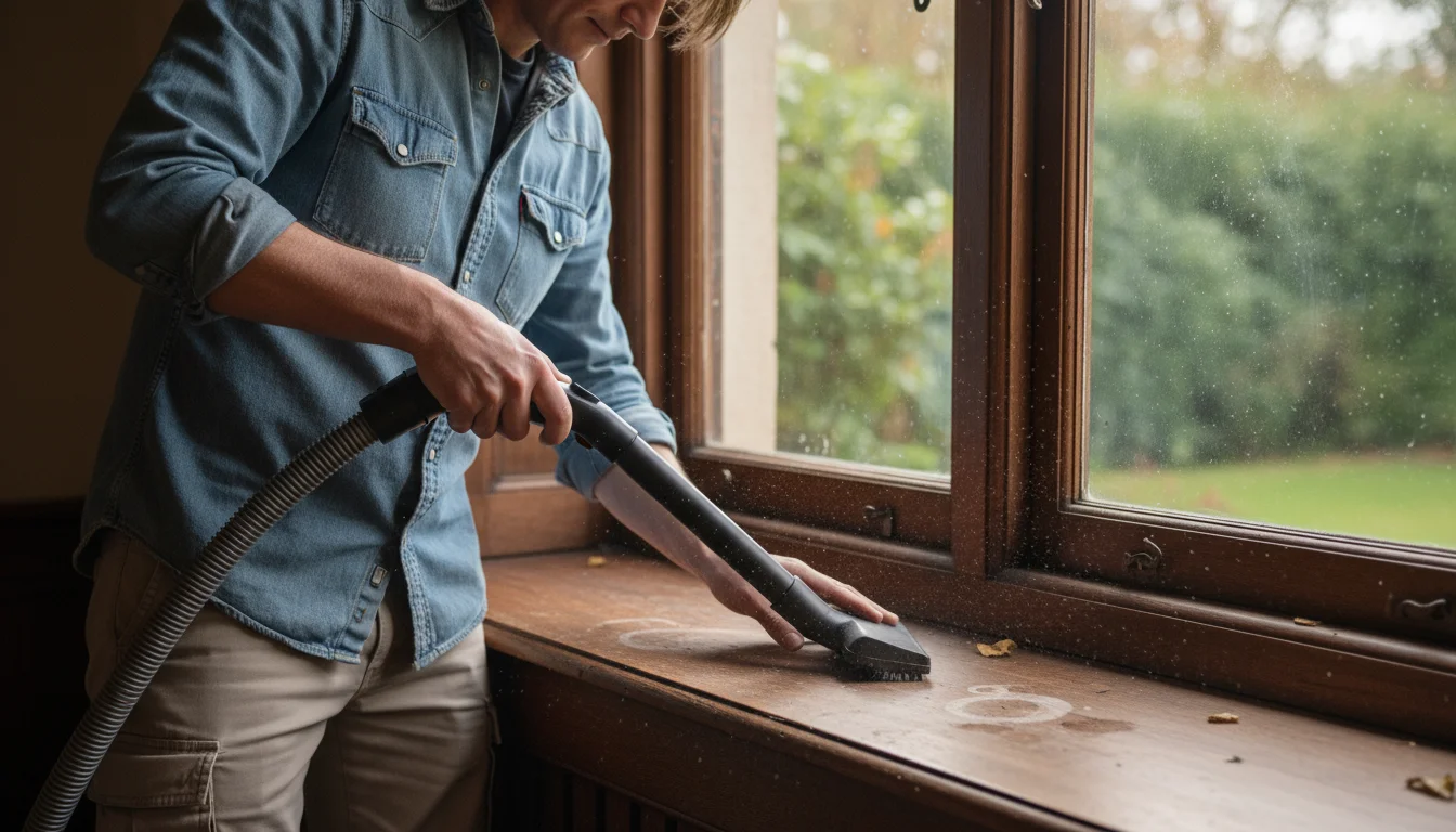Person uses a vacuum with a brush attachment to clean dust and cobwebs from a wooden window frame and sill.