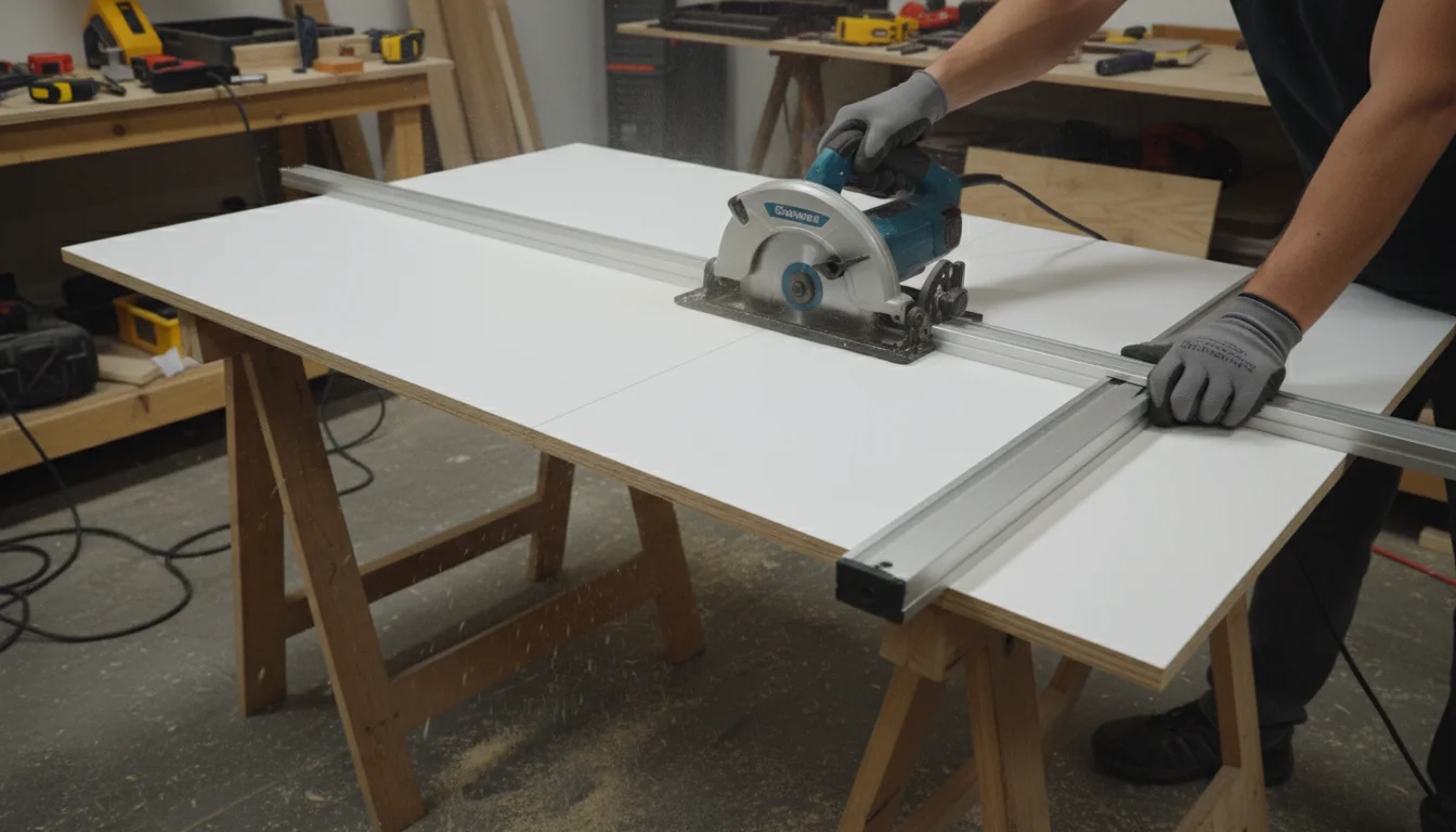 Overhead view of a person using a circular saw with a clamped guide to make a precise cut on a white melamine board on sawhorses.