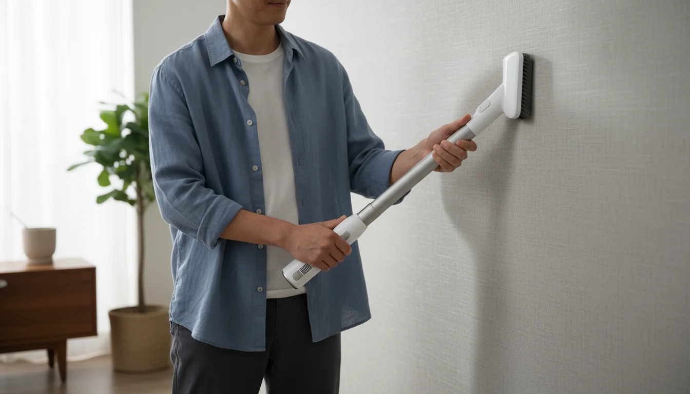 Person gently vacuuming a textured greige fabric accent wall with a stick vacuum's brush attachment. Soft natural light highlights the fabric.