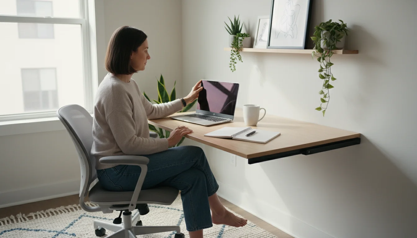 Person at a wall-mounted desk in a small, sunny apartment. The desk holds a laptop, mug, and notebook.