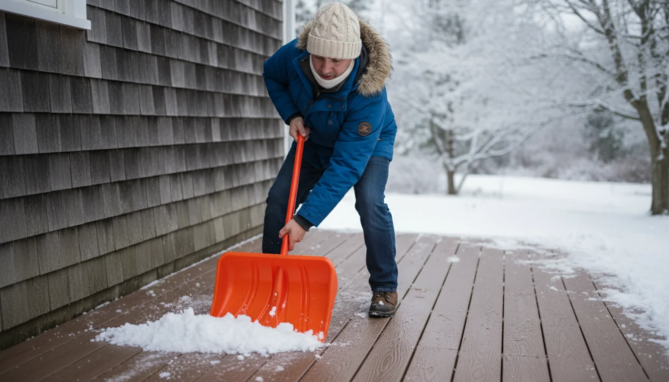 Person in a warm jacket carefully shoveling a composite deck with a bright orange plastic shovel, clearing snow from near a house wall.