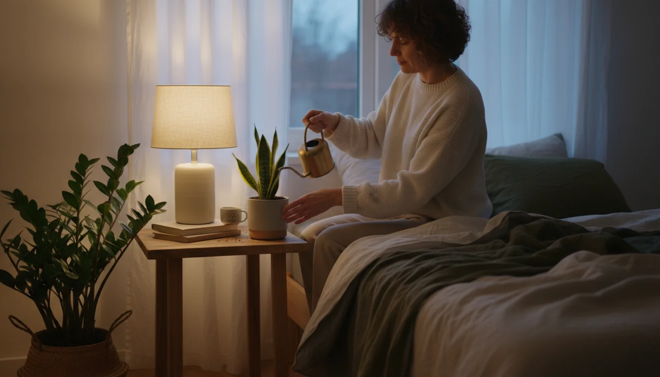 Person watering a snake plant on a bedside table in a softly lit bedroom, reflecting a calming evening routine with plants.