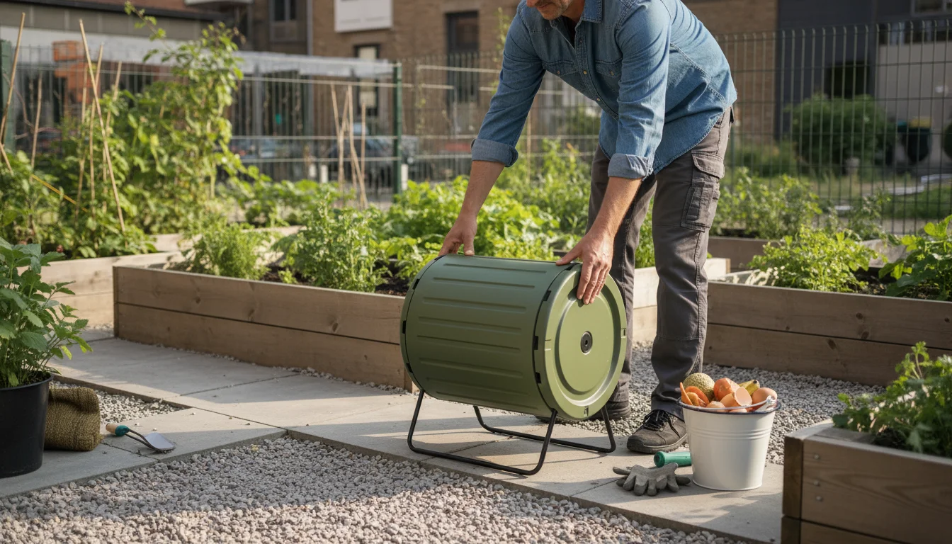 A person wearing a casual long-sleeve shirt gently places a dark green tumbling compost bin onto a neat gravel pad in a tidy backyard garden.