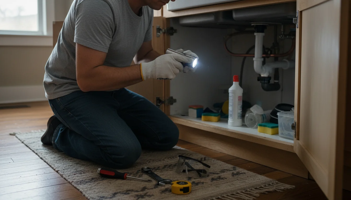 Person wearing gloves, kneeling by an open kitchen cabinet, using a flashlight to inspect pipes, with tools on the floor.