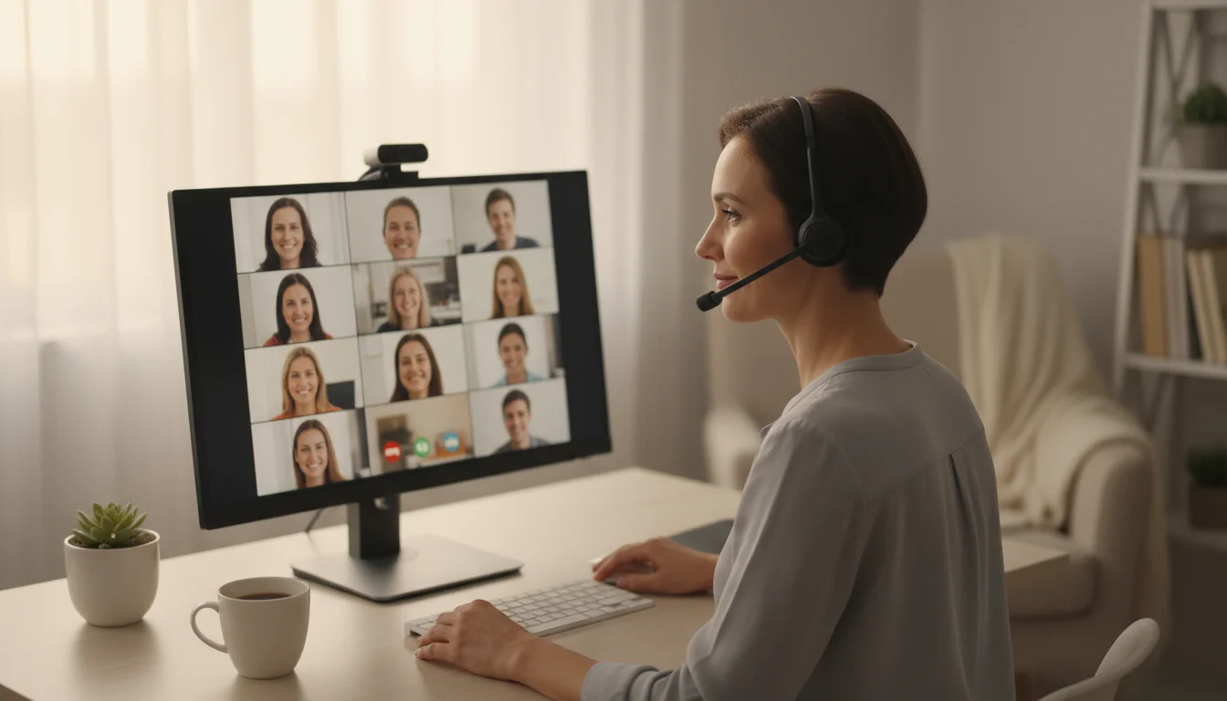 Person wearing a lightweight headset in a video call at a clean, well-lit home office desk, webcam positioned at eye level.