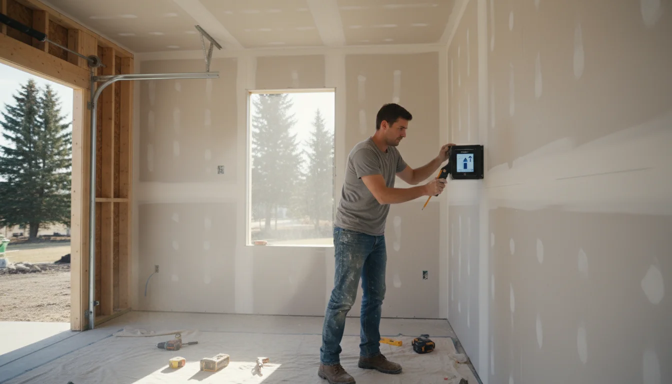 A person wearing practical clothes intently using a digital stud finder on a bare garage wall, with tools and an instruction manual nearby.