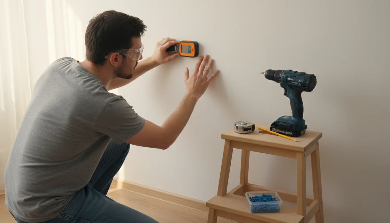 A person wearing safety glasses uses a digital stud finder on a neutral wall, with a drill and other tools on a nearby step stool.