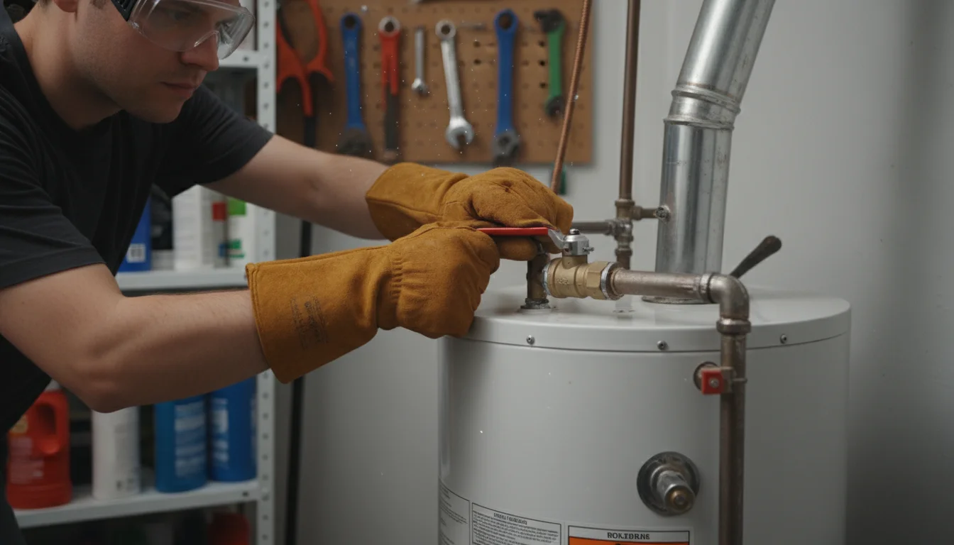 A person wearing work gloves and safety goggles turns a cold water shut-off valve above a water heater.